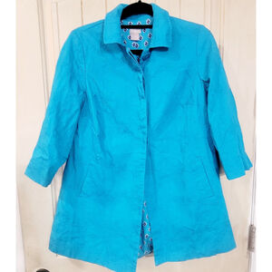 Chicos Sz 0 Small Turquoise Jacard 3/4 sleeve Button Front Lined Swing Jacket